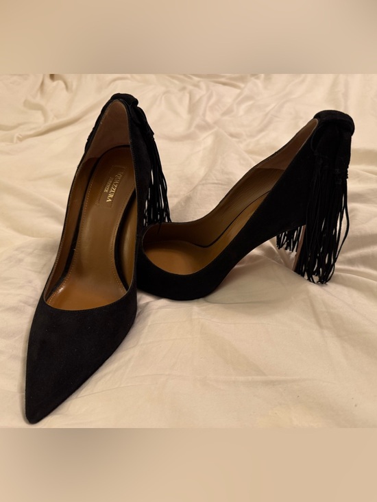 Aquazzura sz 41 Black Suede Fringe Pointed-Toe Pump - Women